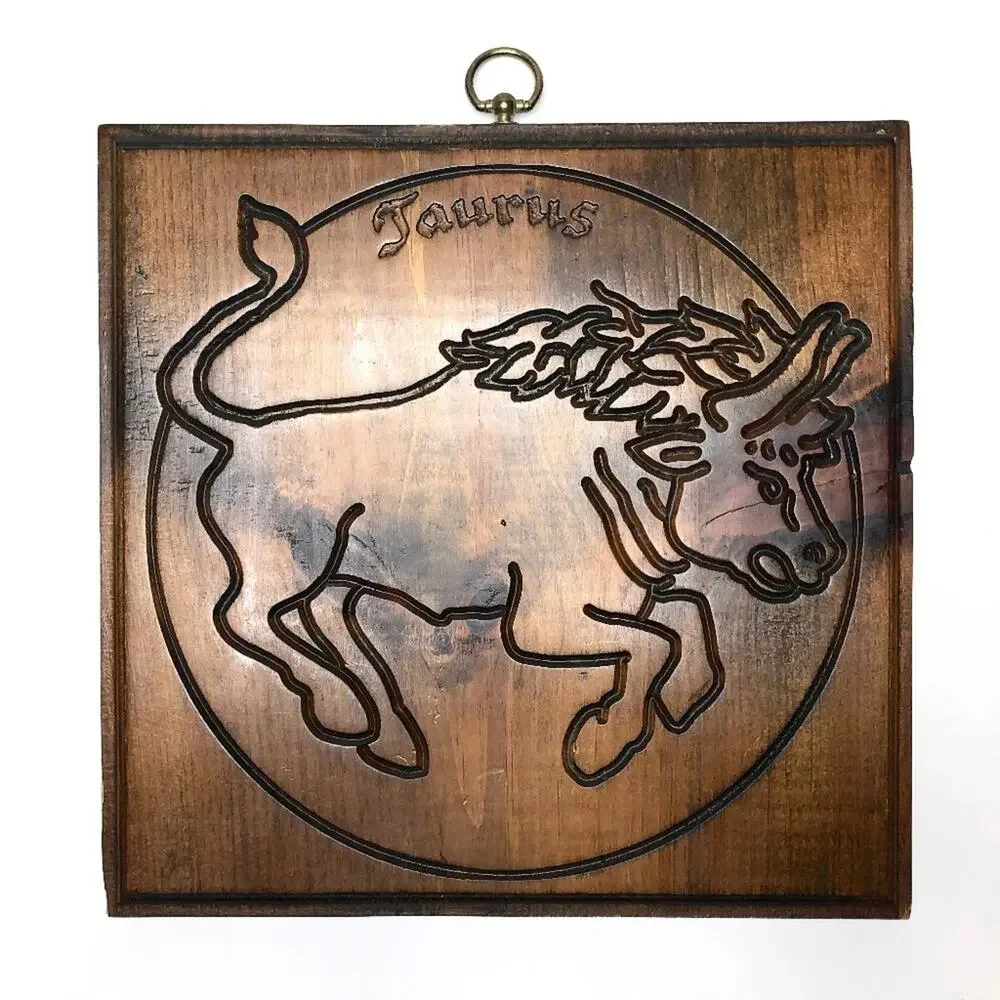 Vintage Solid Wood Carved Taurus Astrology Art